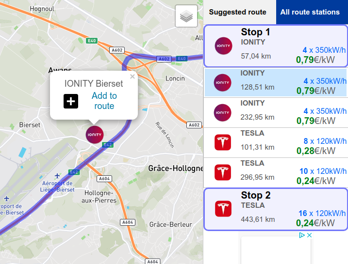 Any other stop along the route can be selected to re-plan the total cost